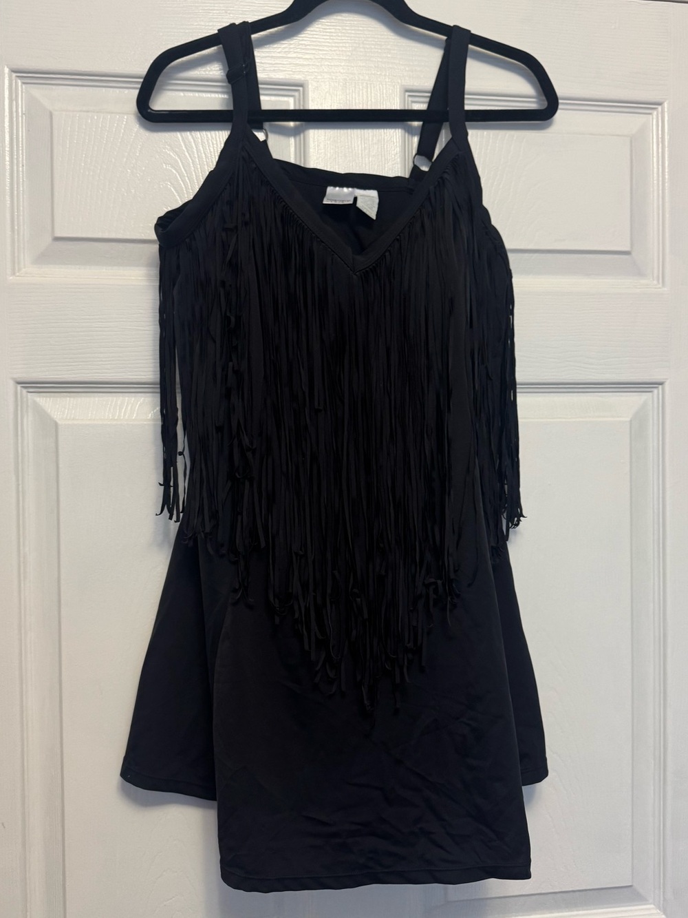 Black Fringe One-Piece Swimsuit Dress- Women's Stylish V-Neck